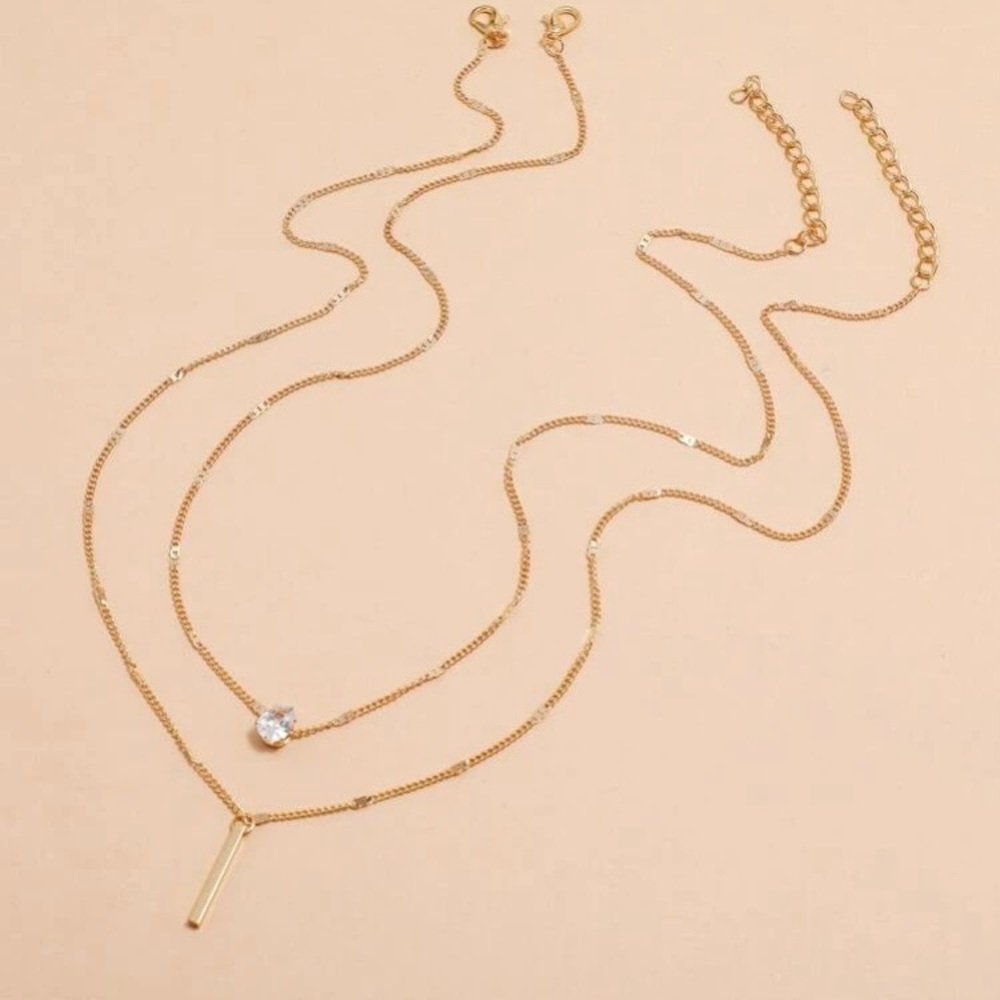 2Pcs Bar Rhinestone Drop Layered Necklace - Picture 2 of 5